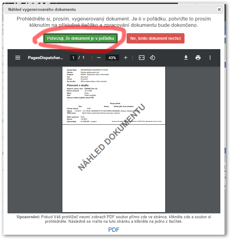 Vygenerování elektronicky pečetěného potvrzení o studiu studentem, potvrzení