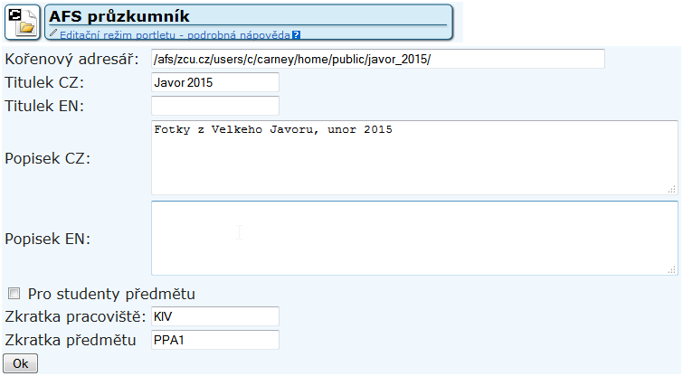 Editační režim - Nastavený portlet