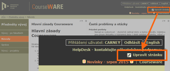 Zapnutí režimu úpravy stránky