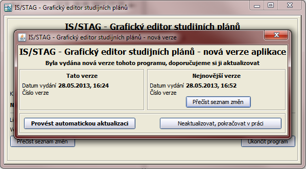 Informace oznamující vydání nové verze