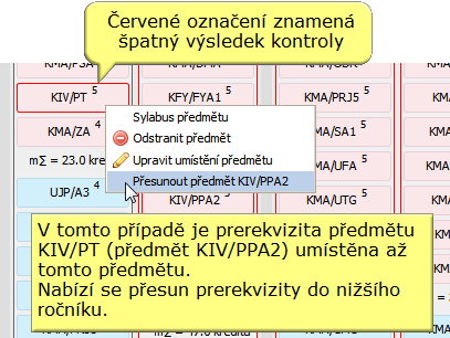 Kontextové menu u předmětu rozšířené o opravu chybného umístění předmětu