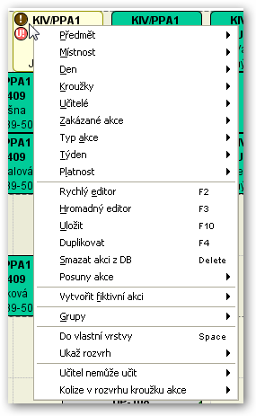 Kontextové menu rozvrhové akce