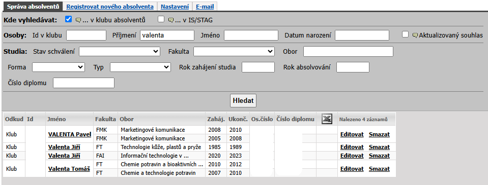 Formulář pro vyhledávání absolventů