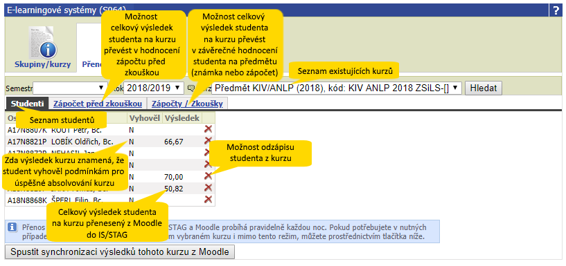 Seznam studentů na kurzu