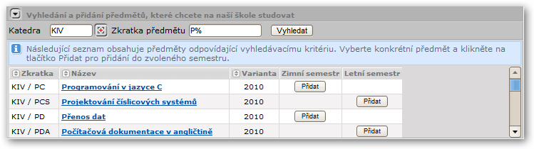 Výběr předmětů