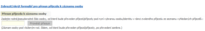 Formulář pro přesun příjezdu k záznamu osoby