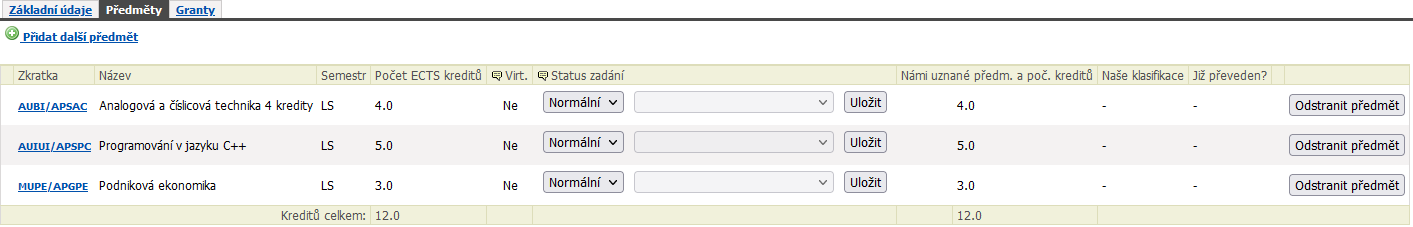 Seznam zadaných předmětů