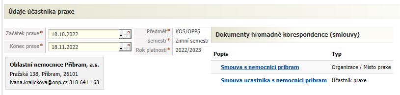 Pohled studenta — detail praxe a nabídka dokumentů podle šablony