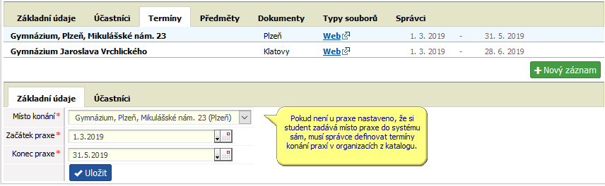 Termíny konání praxe v organizacích z nabídky