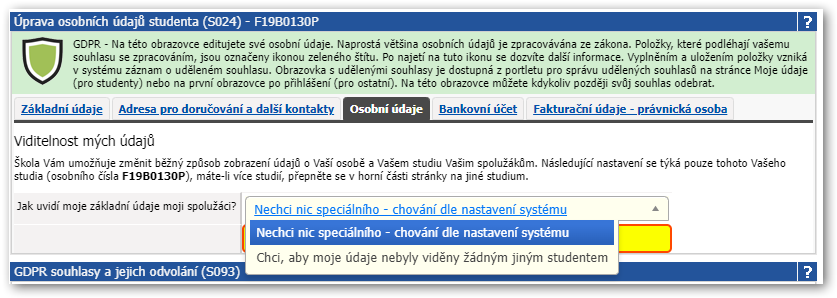 Student nastavuje v portálu viditelnost svých údajů spolužákům