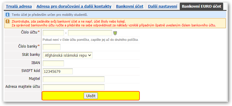 Ilustrační obrázek — záložka nastavení tzv. EURO účtu.