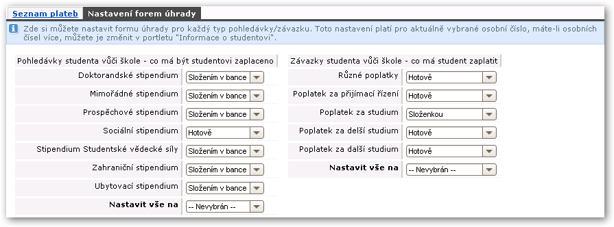 Nastavení preferovaných forem úhrady