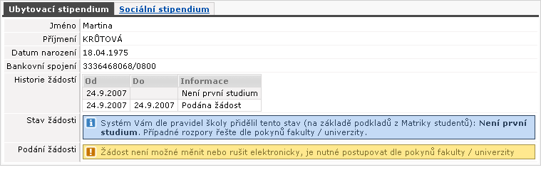 Ilustrační obrázek — záložka ubytovací stipendium, jiný možný průběh/stav žádostí.