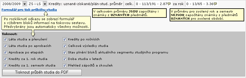 Konfigurační formulář sestavy Průběh studia
