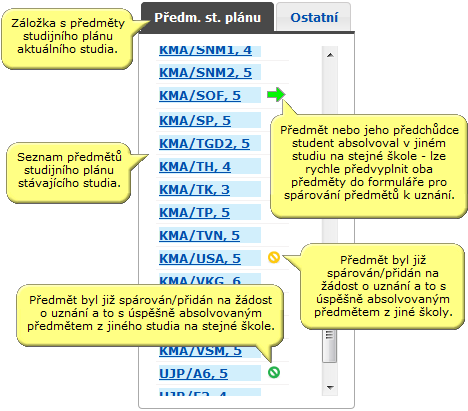 Seznam předmětů studentova studijního plánu