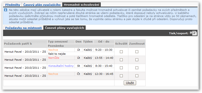 Hromadné schvalování časových plánů vyučujících