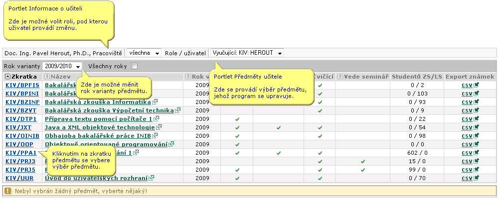 Program předmětu — bez vybraného předmětu k editaci