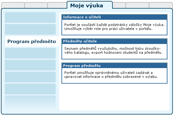 Rozložení portletů aplikace Program předmětu na portálové stránce