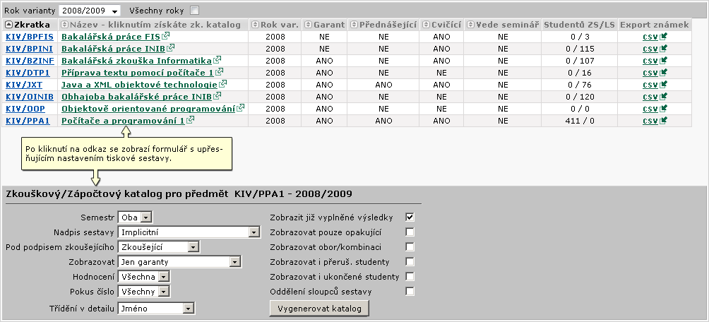 Konfigurační formulář sestavy Zkouškový katalog