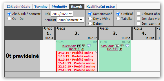 Ukázka rozvrhu s online výukou - rozvrh po jednotlivých dnech