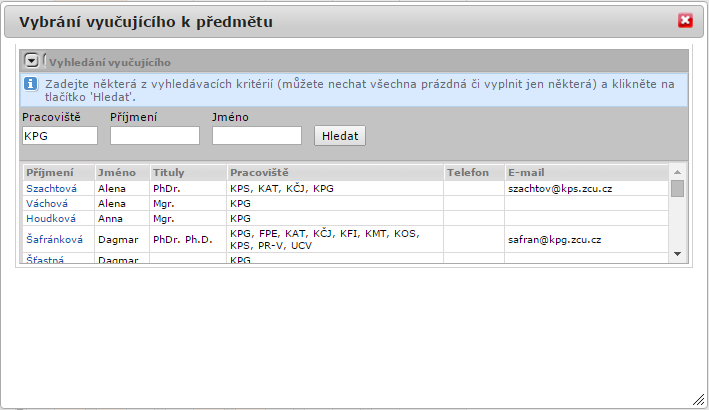 Dialogové okno pro přidání nového vyučujícího k předmětu