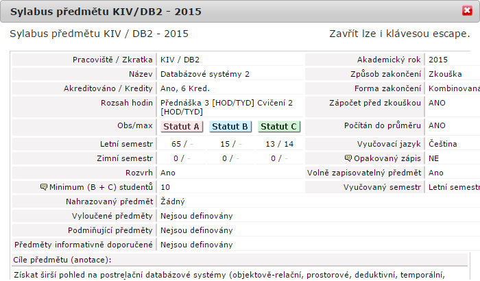 Sylabus vybraného předmětu