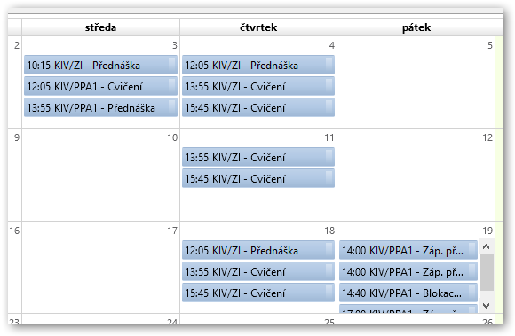 Ukázka IS/STAG kalendáře vyučujícího v kalendářové aplikaci