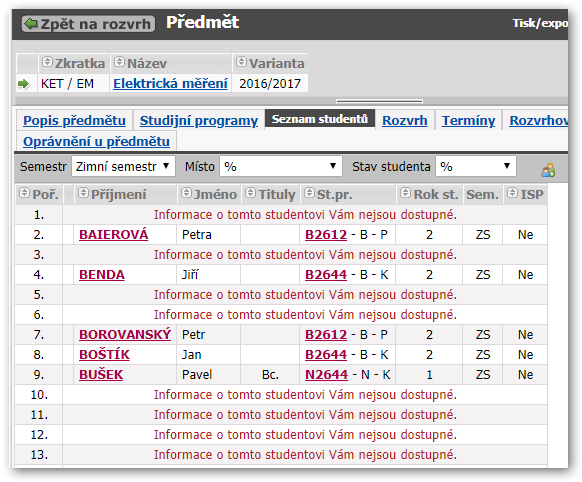 Student nesmí vidět seznam studentů předmětu, který nestudoval