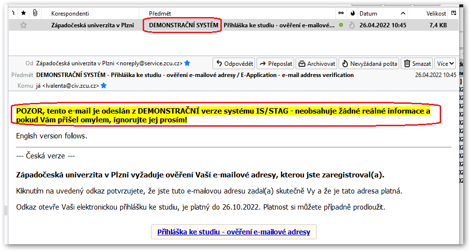 Ukázka oznámení z DEMO databáze