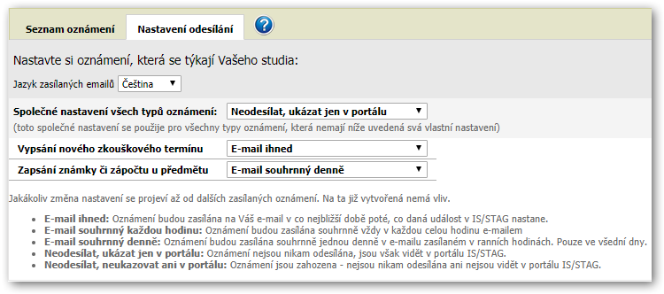 Nastavení odesílání