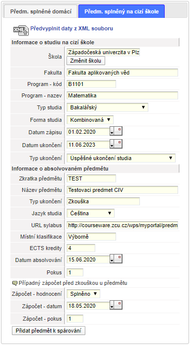 Importovaná data předmětu