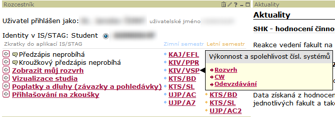 Aplikace zobrazená studentem