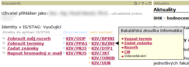 Aplikace zobrazená vyučujícím