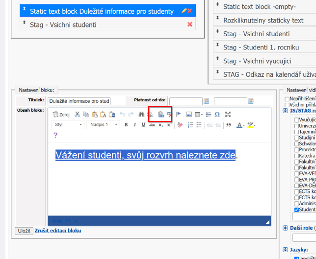 Nastavení textu ve vizuálním editoru, zvýrazněna volba pro vkládání a úpravy odkazů