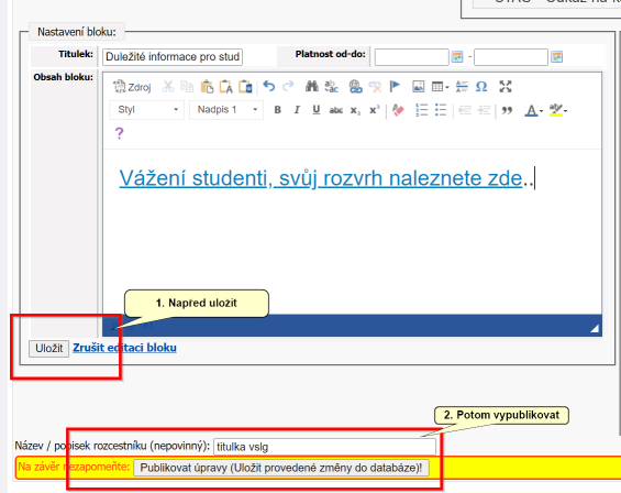 Uložení upraveného textu a vypublikování změn