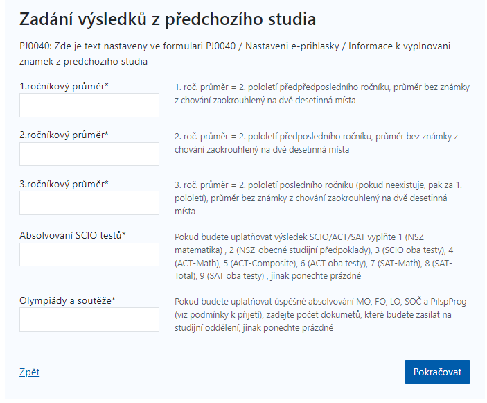 Doplňující informace - známky z předchozího studia