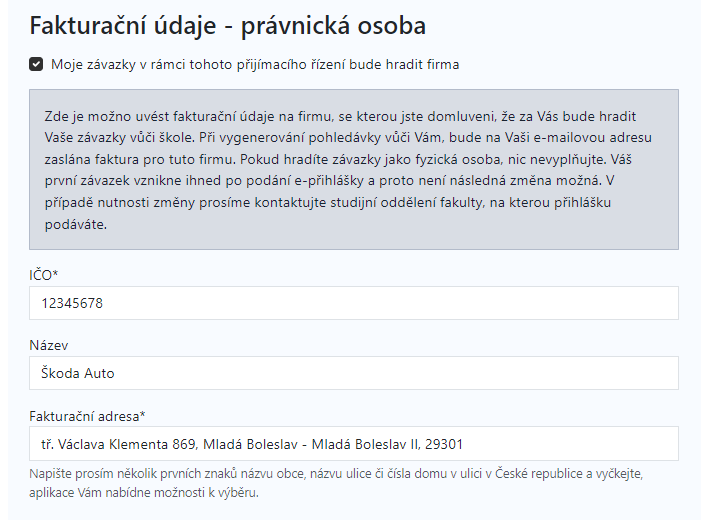 Doplňující informace - fakturační údaje (pouze školy s finančním systémem BBM IFIS)