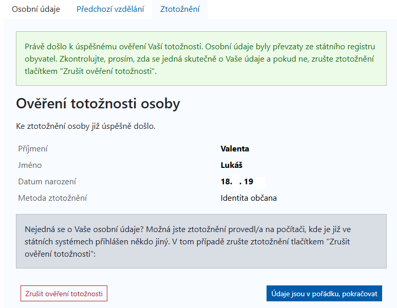 Potvrzení údajů vzešlých ze ztotožnění