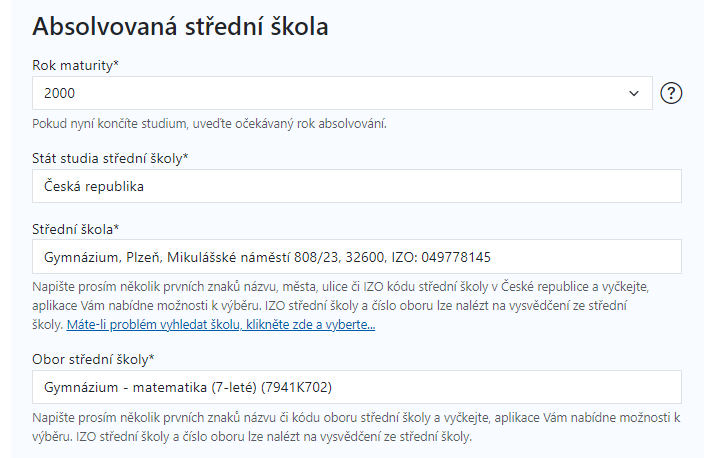 Absolvovaná střední škola - česká škola vybrána z číselníku