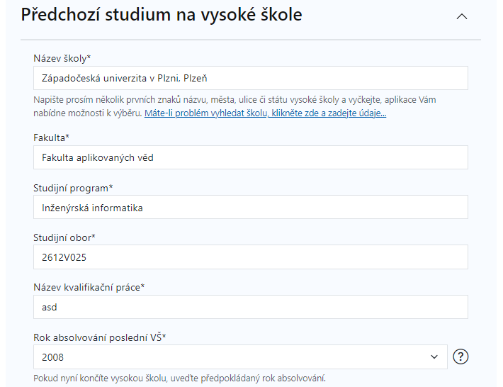 Absolvovaná vysoká škola - škola vybrána z číselníku
