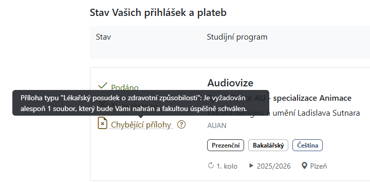 Upozornění na hlavní obrazovce u stavu e-přihlášky
