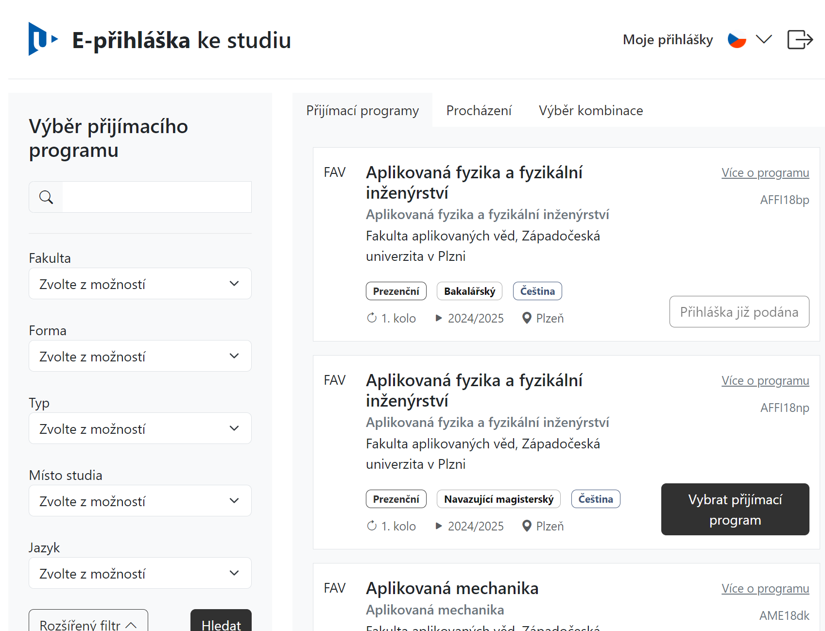 Vyhledávání přijímacího programu